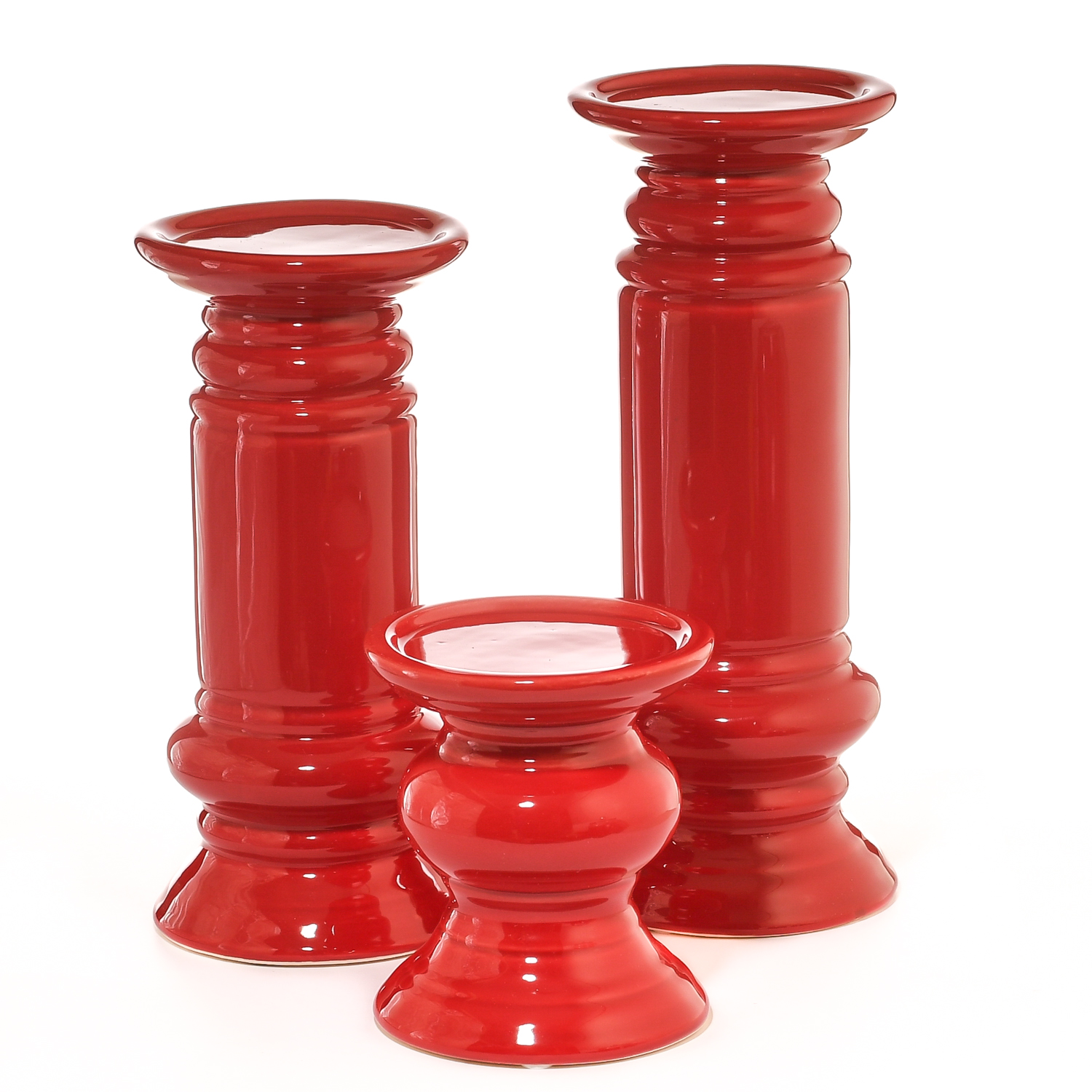 3 Piece Pillar Holder Set Red Ceramic