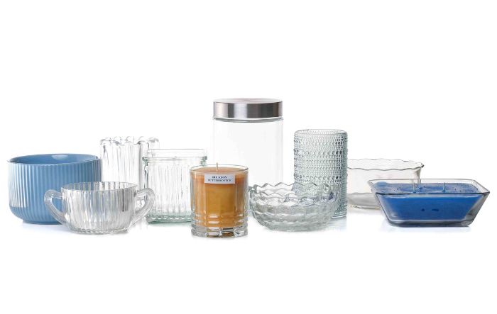A variety of containers that are good for filling with candle wax