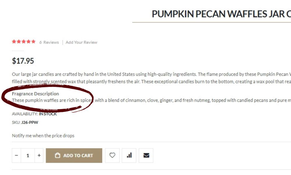 Screenshot of Keystone Candle website fragrance descriptions