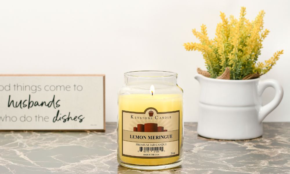 Lemon Meringue candle on a clean kitchen countertop
